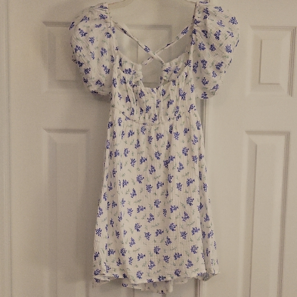 Princess Polly Tie Back White Dress with Blue Floral Design
